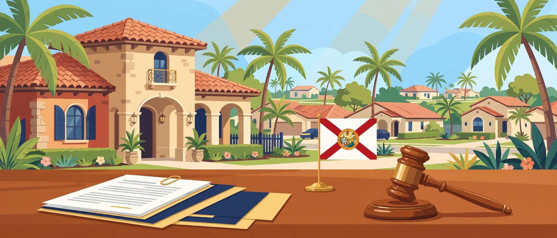 Florida community clubhouse with board table, Florida flag, and gavel